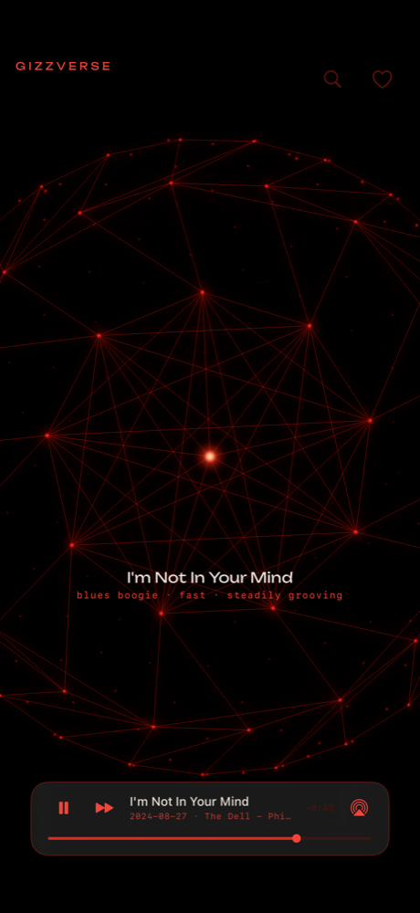 Gizzverse on iPhone: the red star-web with I'm Not In Your Mind playing from The Dell, 2026.